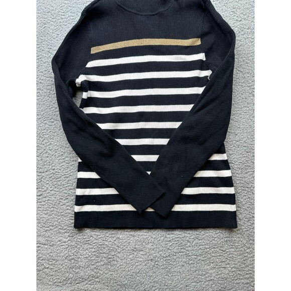 RALPH LAUREN Black White Gold Striped Cotton Logo Ribbed Turtleneck Sweater M - Picture 4 of 6